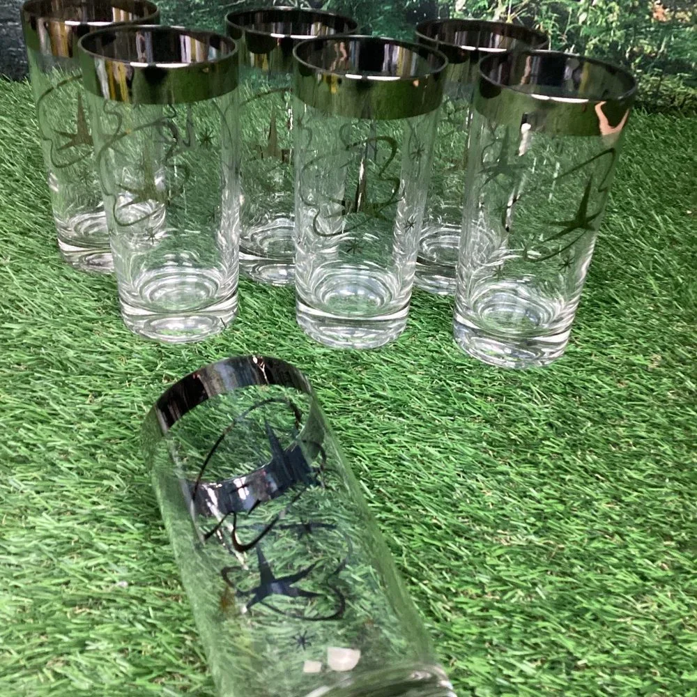 Vintage Atomic Highball Glasses with Silver Star and Streamer Design